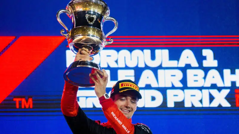 Charles Leclerc celebrates 2022 Bahrain Grand prix win
