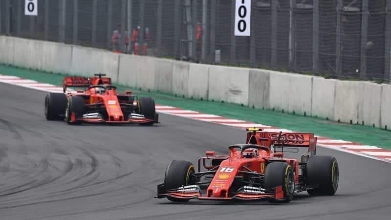 Charles Leclerc leads Ferrari team mate Sebastian Vettel in 2020