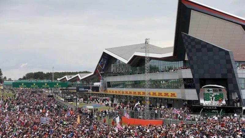 Crowds celebrate Lewis HAmilton winning the 2019 British Grand Prix