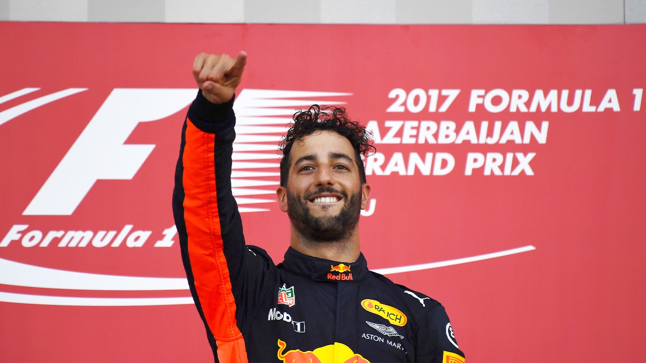 Daniel Ricciardo on the podium after winning 2017 F1 Azerbaijan Grand Prix