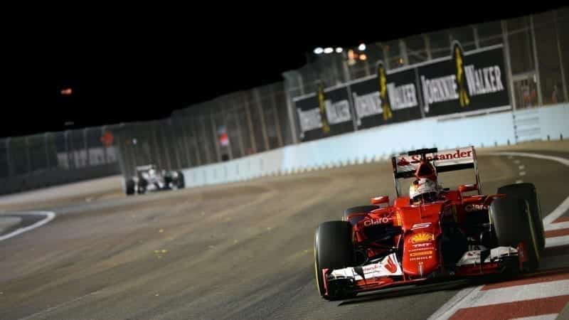 Ferrari of Sebastian Vettel during qualifying for the 2015 Singapore Grand Prix