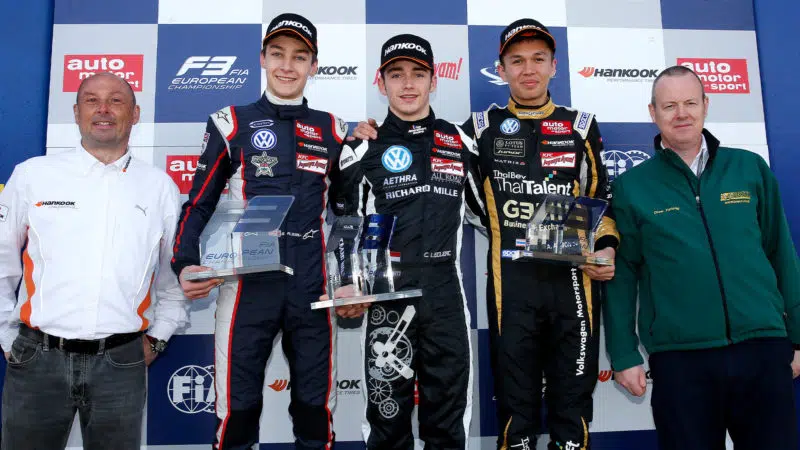 George Russell Charles Leclerc and Alex Albon on F3 podium