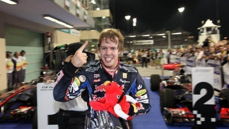 Sebastian Vettel after winning his first F1 title at the 2010 Abu Dhabi Grand Prix