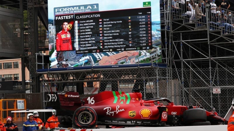 wrecked ferrari of charles leclerc after qualifying for the 2021 f1 monaco grand prix.jpg