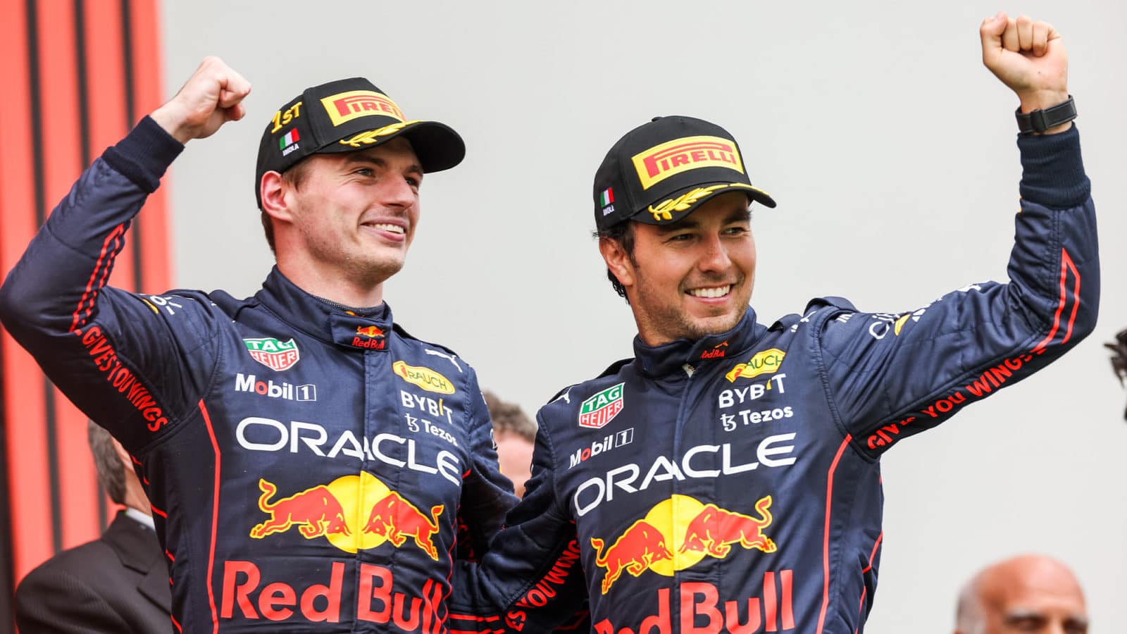 Max Verstappen and Sergio Perez celebrate Red Bull 1-2 at 2022 Emilia Romagna GP