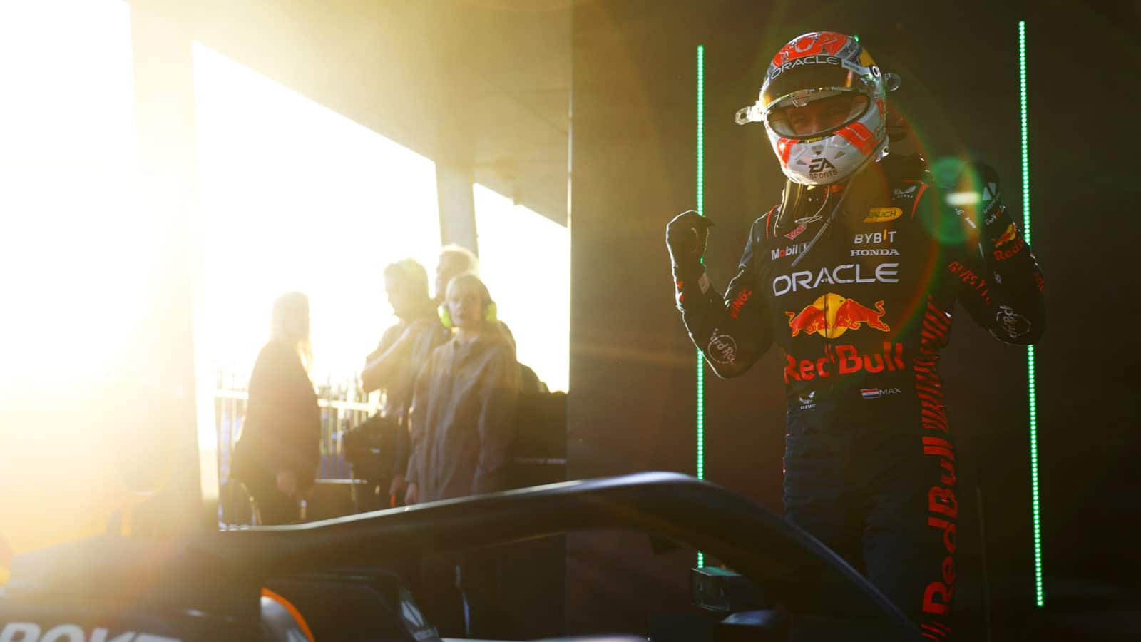 Max Verstappen raises his arms as he celebrates victory in the 2023 Australian Grand Prix