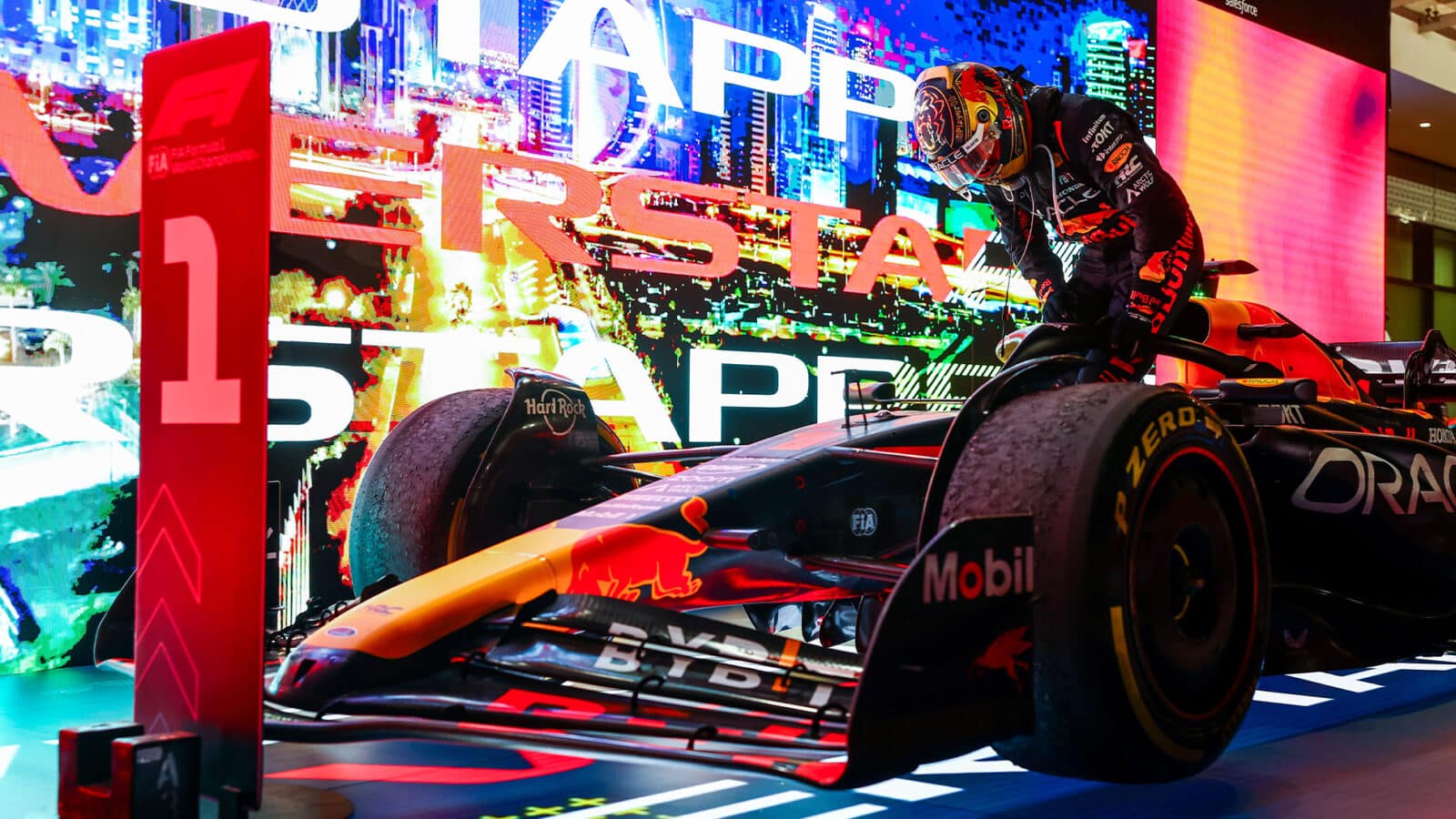 Max Verstappen steps out of his car after winning 2023 Qatar Grand prix