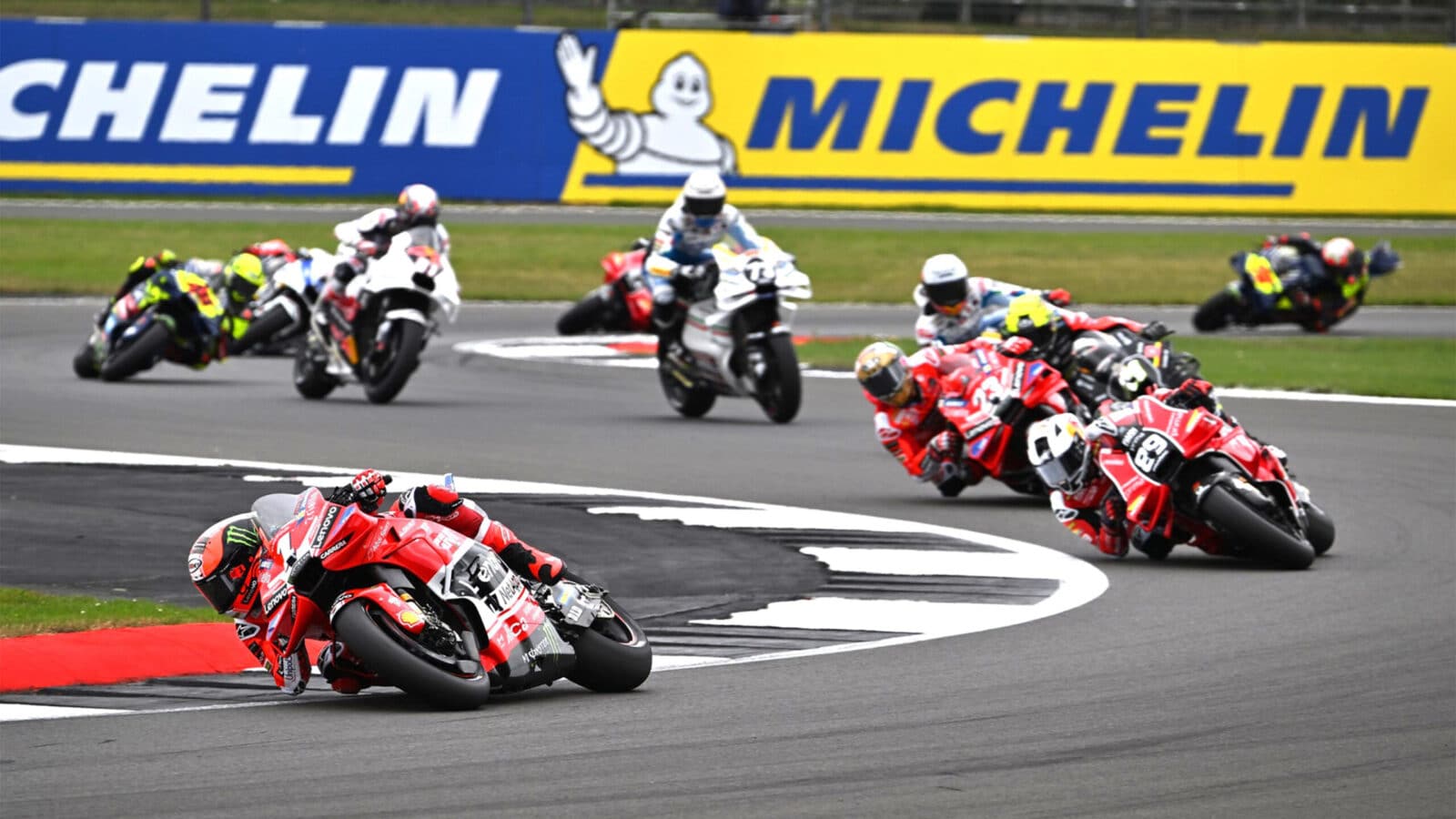 Pecco Bagnaia leads at the start of 2024 MotoGP British GP