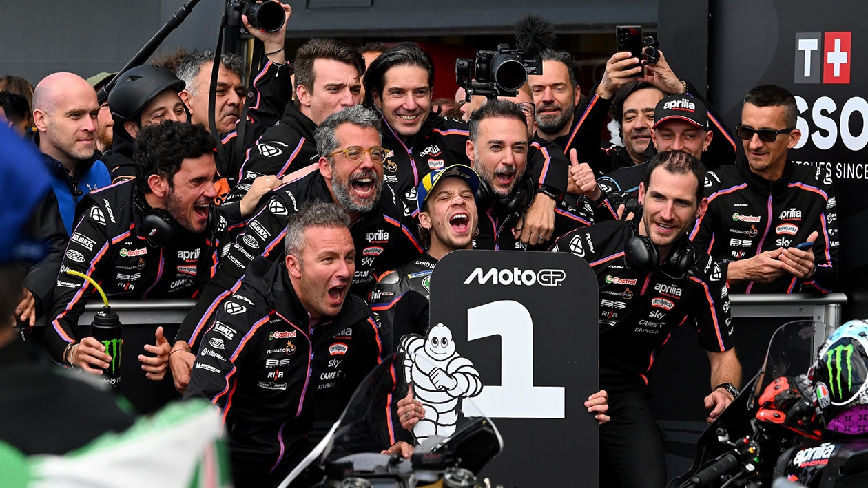 Marco Bezzecchi celebrates victory in 2025 MotoGP British GP