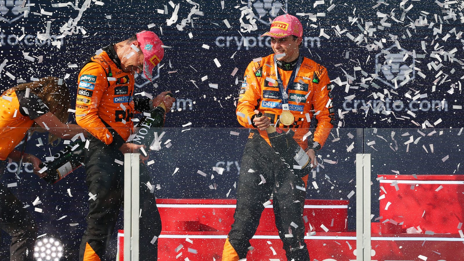 Oscar Piastri and Lando Norris on the podium after the 2025 F1 Miami Grand Prix