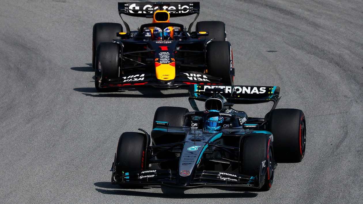 Max Verstappen follows George Russell in 2025 Spanish GP