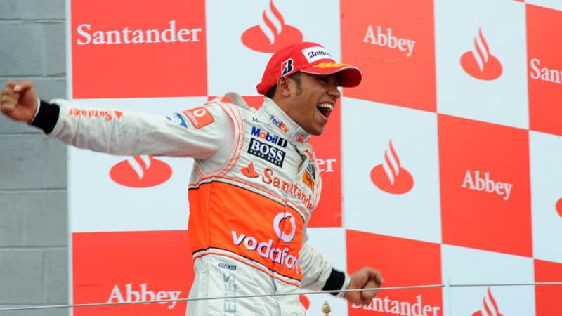 Lewis Hamilton celebrates his win in the 2008 British Grand Prix at Silverstone