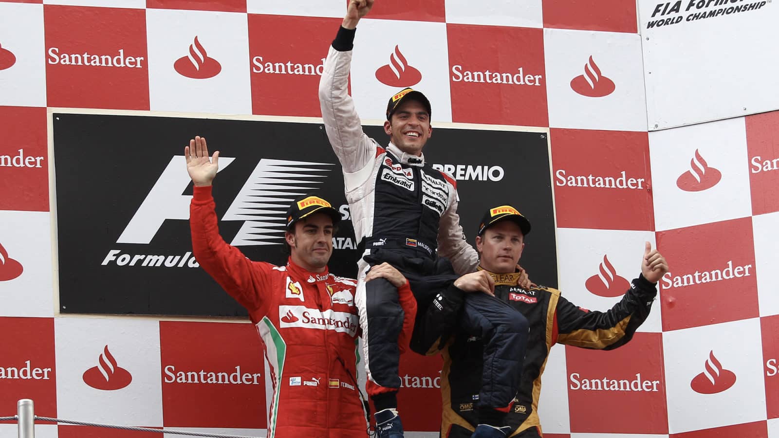 Pastor Maldonado celebrates victory in the 2012 F1 Spanish Grand Prix