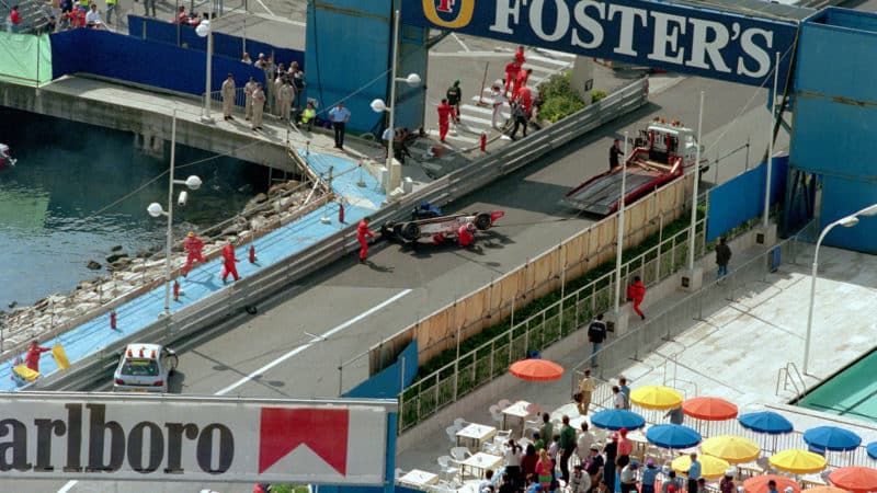 Flipped Arrows of Taki Inoue after being hit by the safety car at Monaco 1995