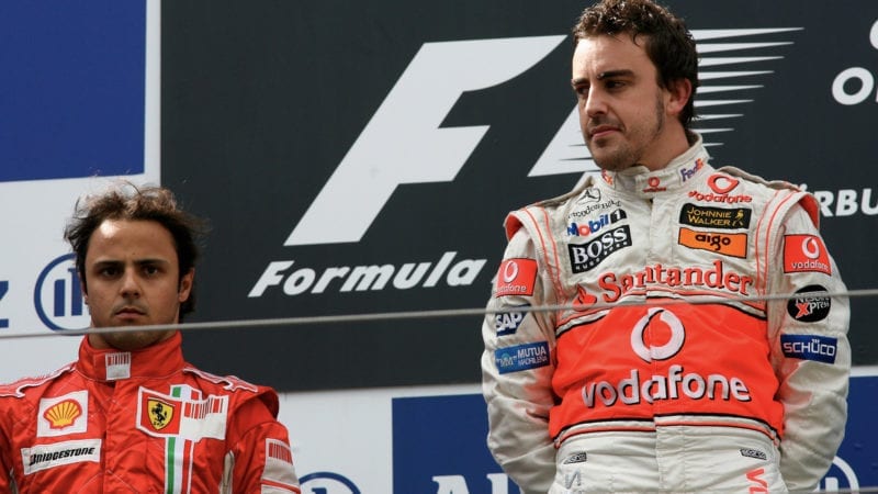 Fernando Alonso and Felipe Massa on the podium at the 2007 GErman Grand Prix at the Nurburgring