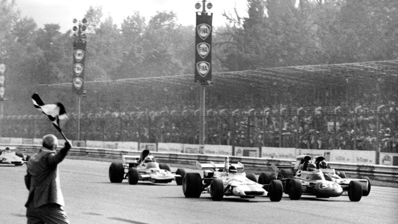 Finish of the 1971 Italian Grand Prix showing Peter Gethin with his hand raised after winning by a tenth of a second at Monza
