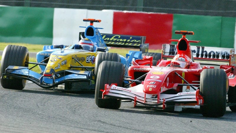 Fernando Alonso chases down Michael Schumacher in the 2005 Japanese Grand Prix at Suzuka