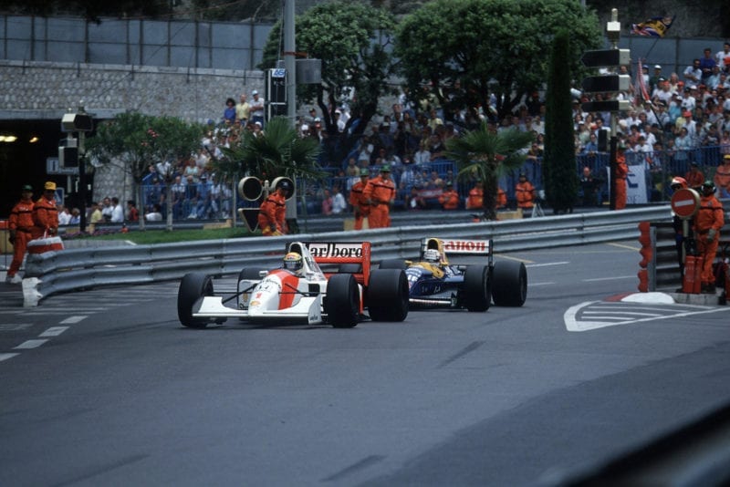 Ayrton Senna defends from Nigel Mansell at the 1992 Monaco Grand Prix