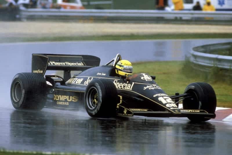 Ayrton Senna in the rain at the 1985 Portuguese Grand Prix