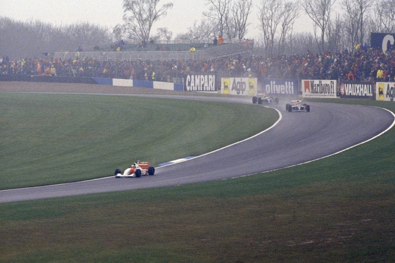 Ayrton Senna leads by some distance in the 1993 European Grand Prix at Donington