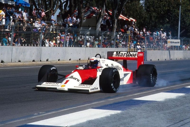 Alain Prost locks the wheels of his McLaren TAG MP4/3.