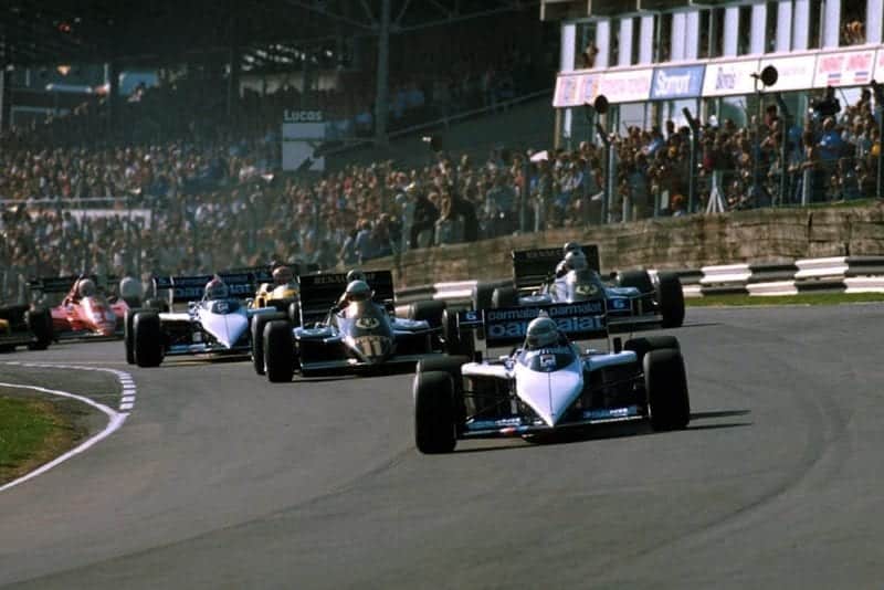 Ricardo Patrese driving his Brabham BT 52B leads Elio de Angelis.