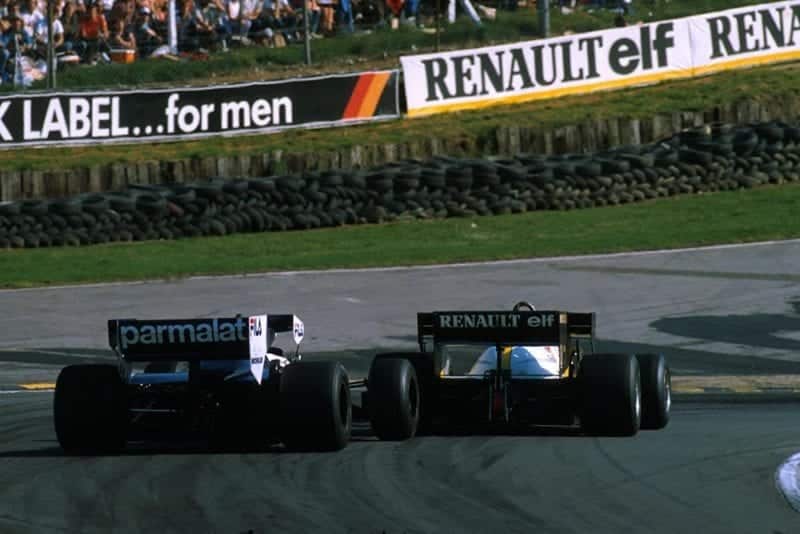 Alain Prost in a Renault RE40 leads eventual winner Nelson Piquet in his Brabham BT52B.
