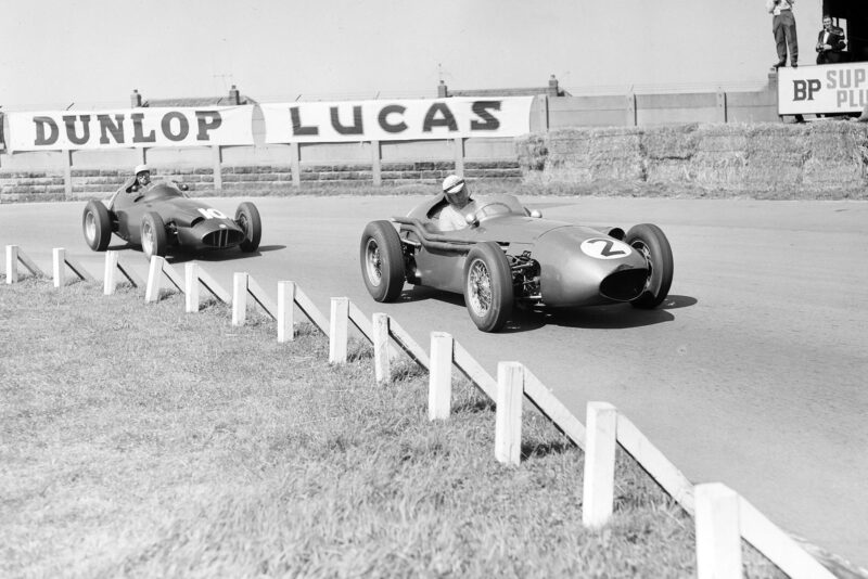 Roy Salvador in his Aston Martin DBR4/250, leads Jo Bonnier driving the BRM P25.