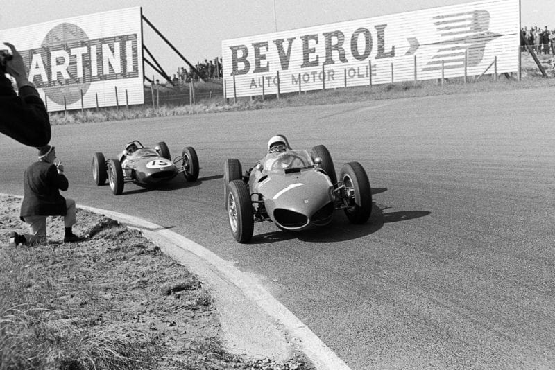 Phil Hill, Jim Clark, Ferrari 156 Sharknose, Lotus-Climax 21, Grand Prix of the Netherlands, Circuit Park Zandvoort, 22 May 1961. (Photo by Bernard Cahier/Getty Images)