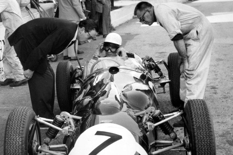 1961 Ferguson P99, Stirling Moss in pits with APR Rolt and Alf Francis. Creator: Unknown. (Photo by National Motor Museum/Heritage Images via Getty Images)