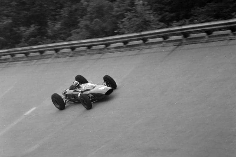 John Surtees, Ferrari 156 Aero, on the banking. This layout was not used for the race.