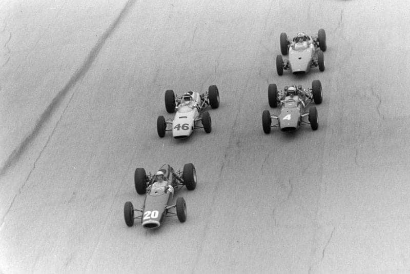 Richie Ginther, BRM P261, leads, while Innes Ireland, BRP 2 BRM, battles with Lorenzo Bandini, Ferrari 158.