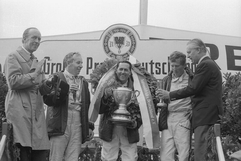 Winner Jack Brabham with John Surtees and Jochen Rindt.