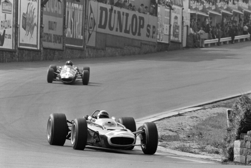 Jackie Stewart, BRM P83, leads Dan Gurney, Eagle T1G Weslake.