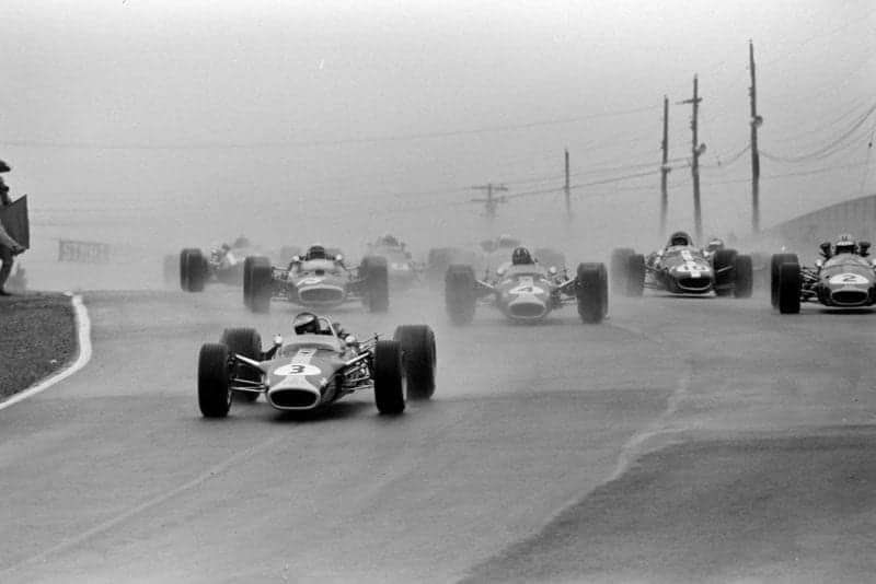 Jim Clark, Lotus 49 Ford, leads at the start.