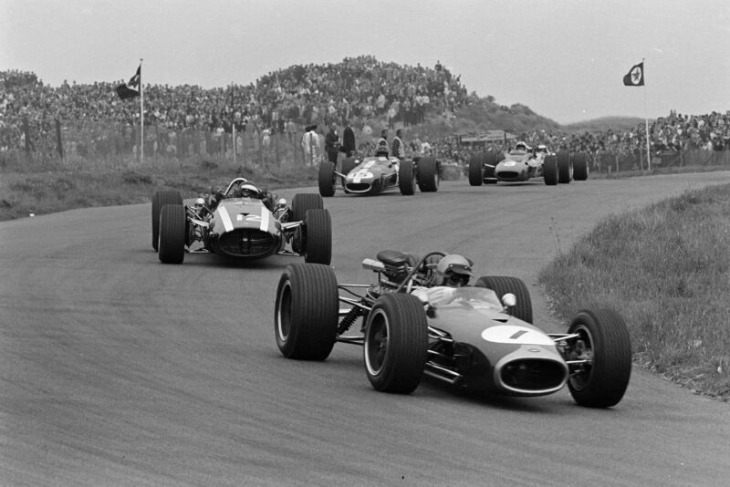 Jack Brabham, Brabham BT19 Repco leads Jochen Rindt, Cooper T81B Maserati and Dan Gurney, Eagle T1G Weslake.