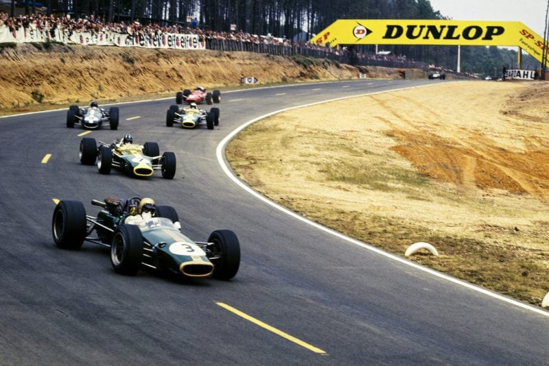 Jack Brabham, Brabham BT24 Repco, leads Graham Hill, Lotus 49 Ford, Dan Gurney, Eagle T1G Weslake.