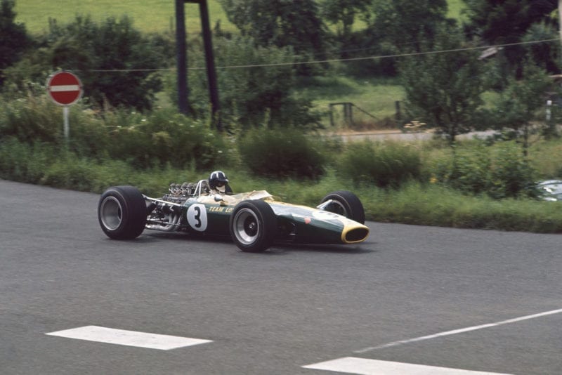 Graham Hill (Lotus 49 Ford) in practice.