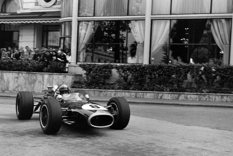 Jack Brabham, Brabham BT19 Repco, corrects a slide at Casino Square.