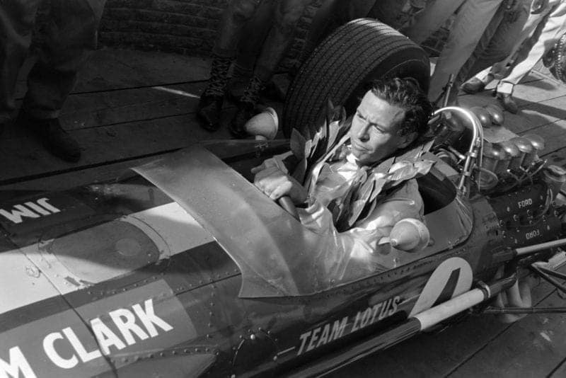Winner Jim Clark in his Lotus 49 Ford returns to the pits.