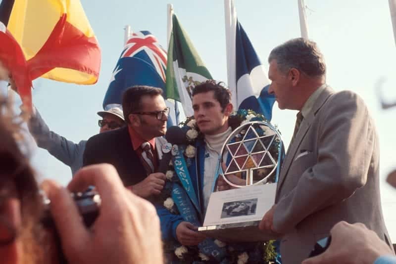 Jacky Ickx is interviewed on the podium after winning the 1969 Canadian Grand Prix