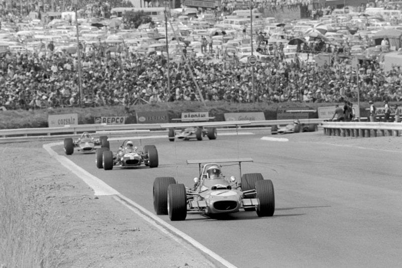 Jackie Stewart leads the field in his Matra at the 2969 South African grand Prix.