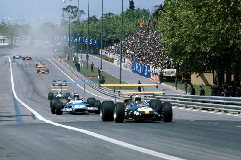 Jack Brabham leads the pack at the 1969 Spanish Grand Prix.