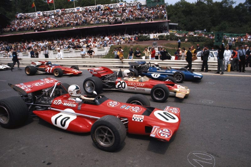 The cars line up on the starting grid of the 1970 Belgian Grand Prix