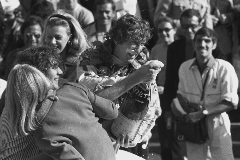 Jochen Rindt celebrates winning the 1970 French Grand Prix.