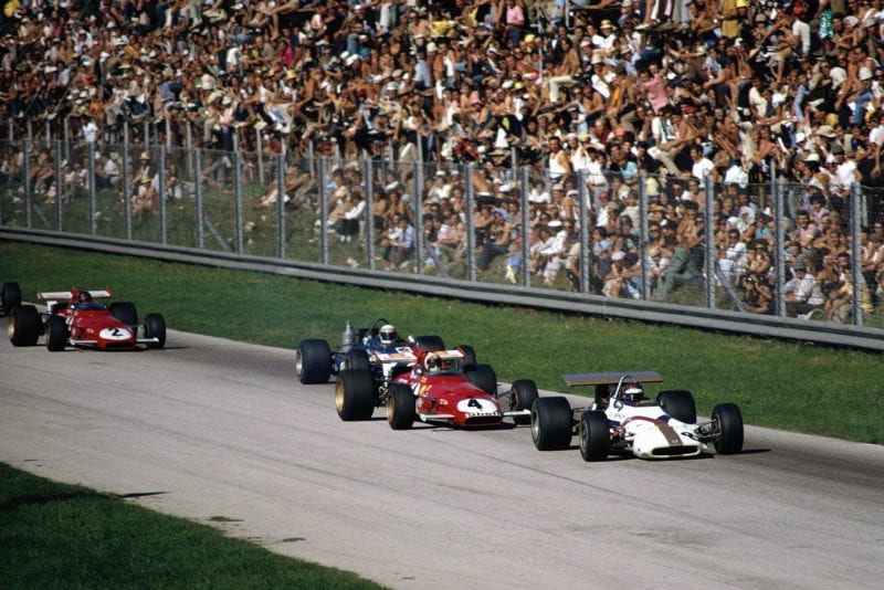Italian GP 1970: Jackie Oliver, BRM P153 leading Clay Regazzoni, Ferrari 312B, Jackie Stewart, March 701 Ford and Jacky Ickx, Ferrari 312B.