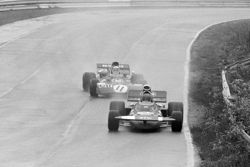 March's Ronnie Peterson and Tyrrell's Jackie Stewart fight it out for the lead.