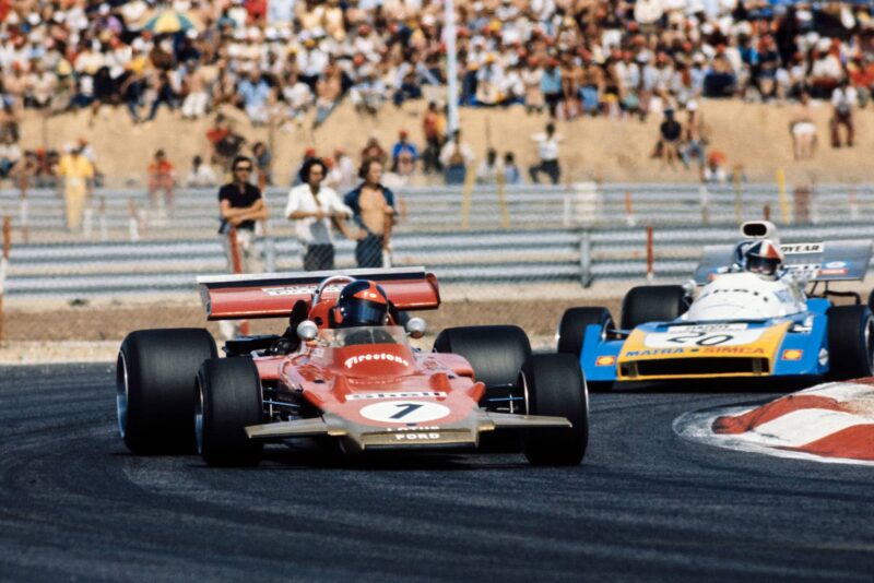 Emerson Fittipaldi oversteers at the 1971 French Grand Prix.