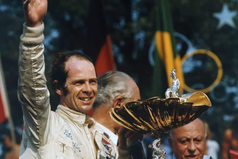 BRM's Peter Gethin celebrates his debut win on the podium at the 1971 Italian Grand Prix
