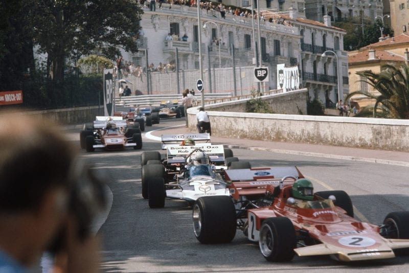 The fields heads into Loews hairpin at the 1971 Monaco Grand Prix